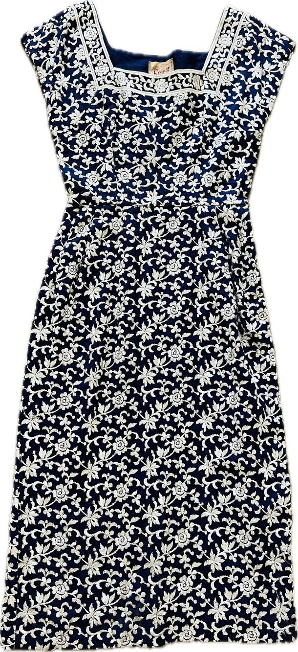 Vintage 1950s Navy White Embroidered Dress 50s Embroidered Cotton Wiggle Kramer